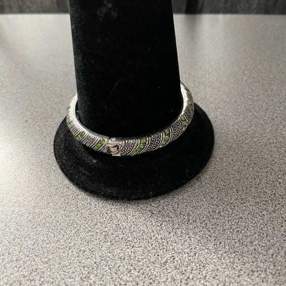 Silver Toned & Green Rhinestone Metal Bracelet - Picture 2 of 8